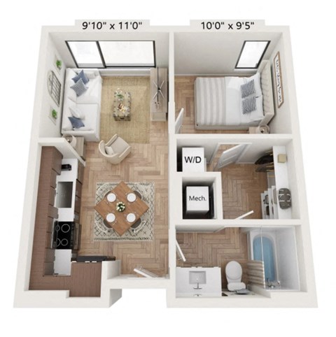 Floor plan for 1 bed, 1 bath, 711 sqft